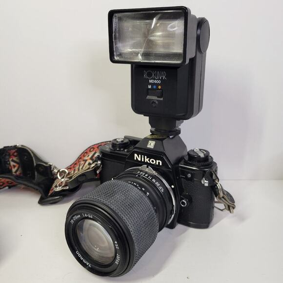 Nikon EM 35mm SLR Film Camera Lot Tamron LENS 70-210 And 28-70mm Rokunar Flash - Picture 2 of 10